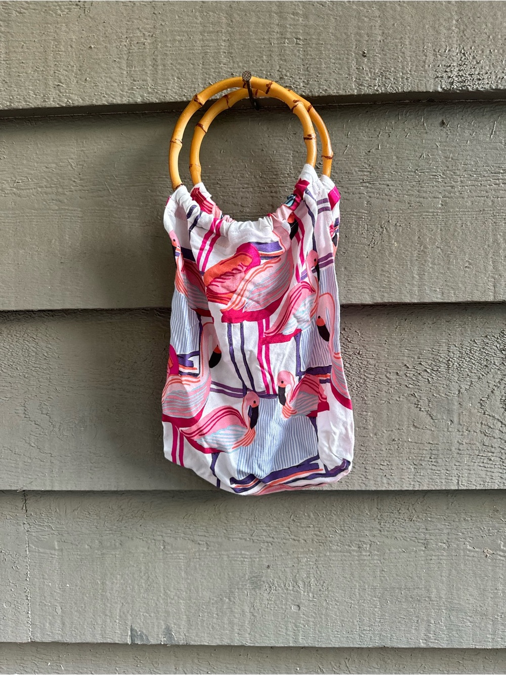 Bamboo Handle Pink Flamingo Print Vacation Bag